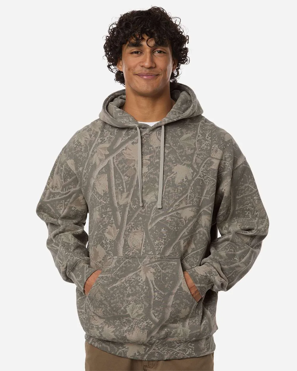 Model wearing the Midweight hoodie in Deadwood Camo
